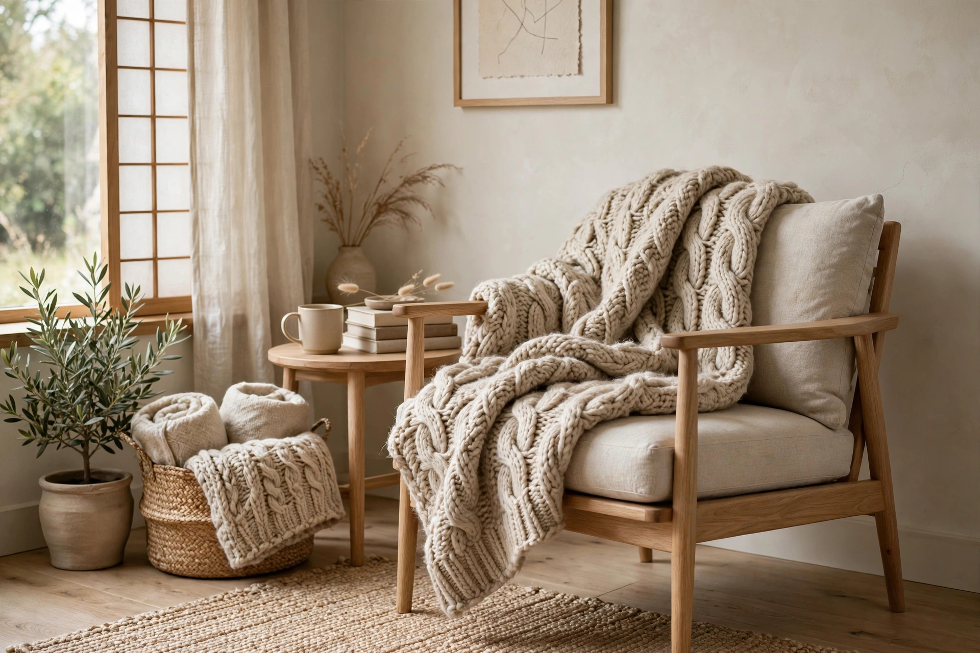 Undyed wool throw blanket draped over a low oak sofa in a Japandi studio living area