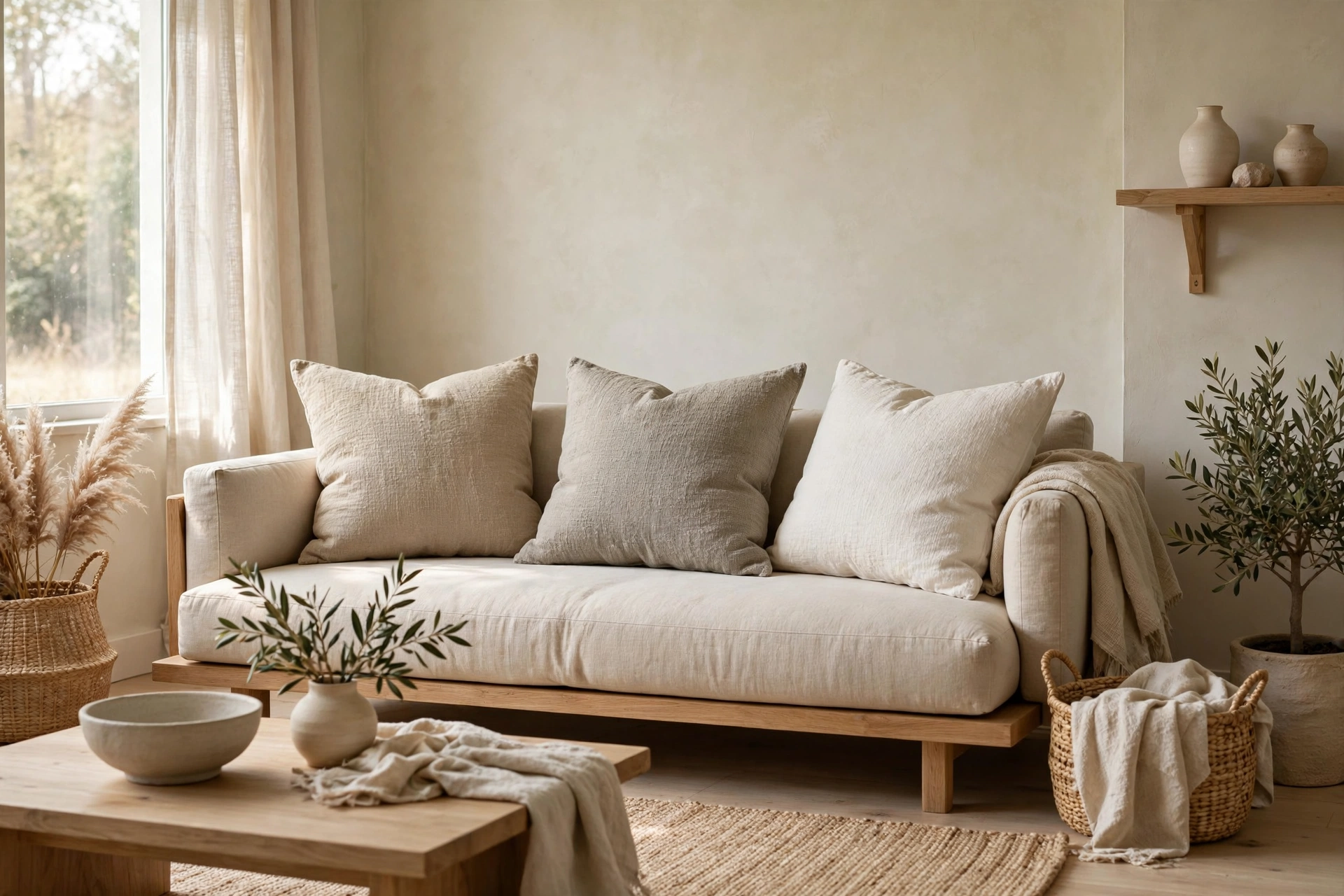 Natural cotton cushions in sand and clay tones on a low sofa in a Japandi studio