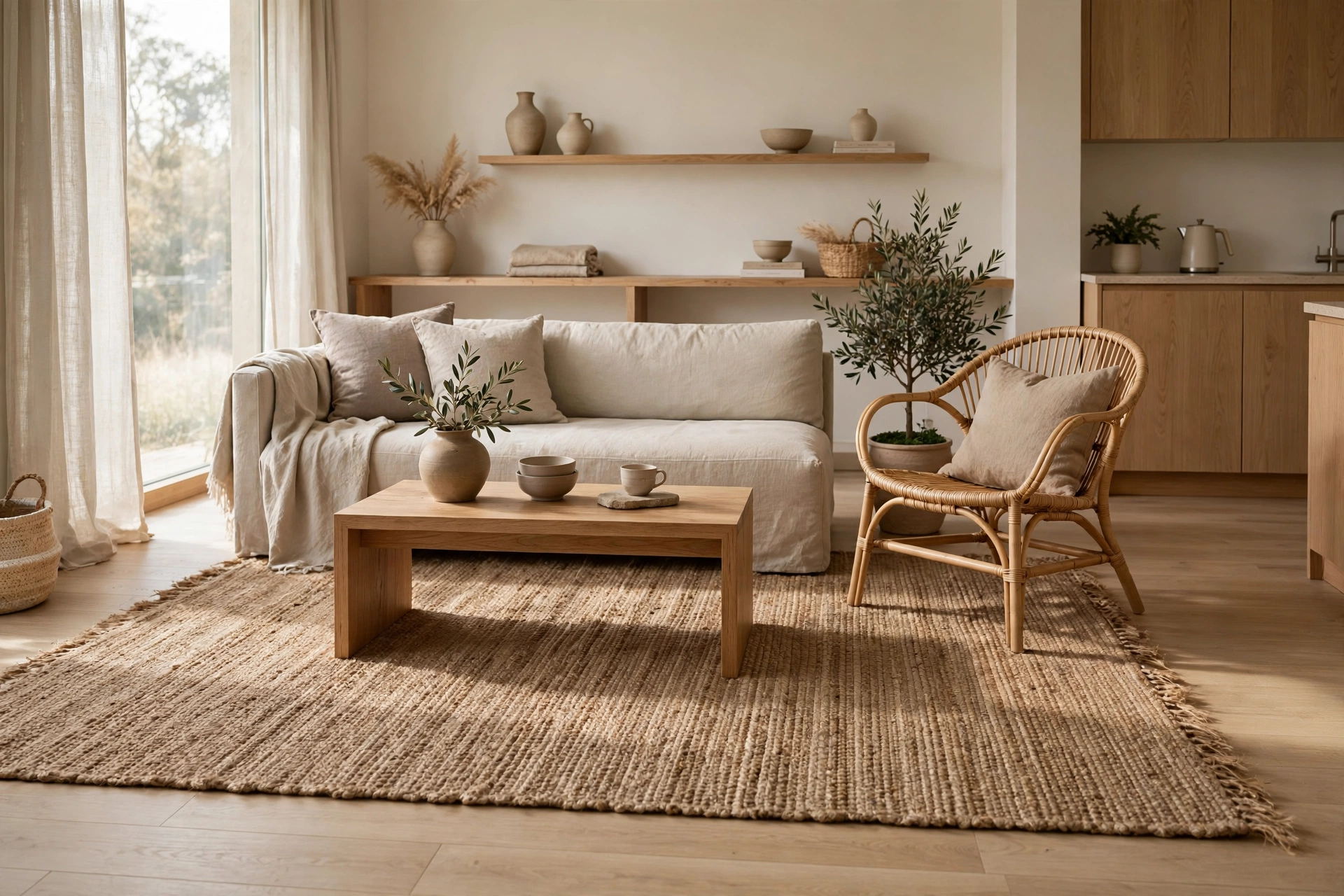 Chunky jute area rug zoning an entry space in a Japandi studio apartment