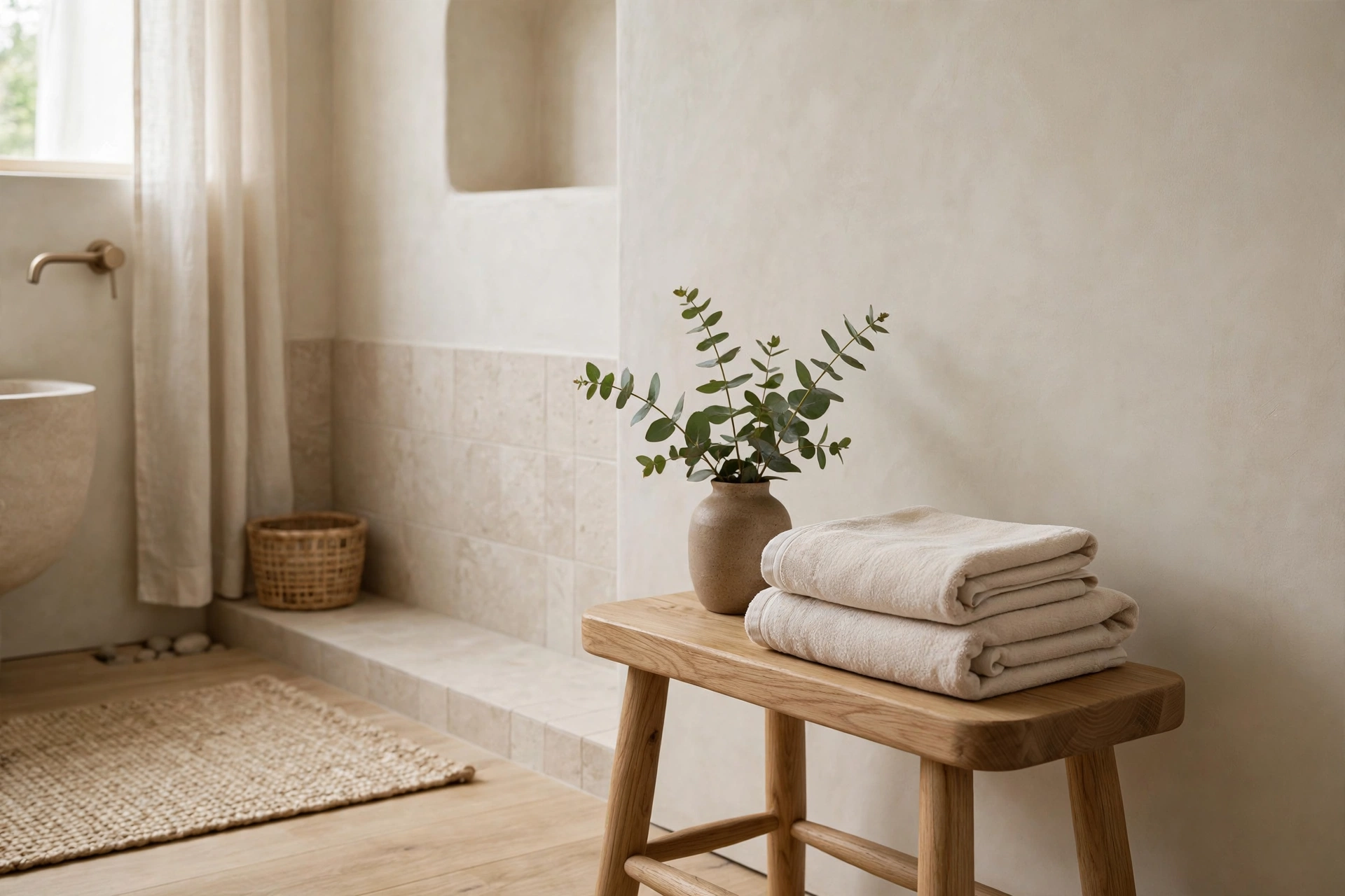 Rolled neutral cotton towels on an open wooden shelf in a Japandi studio bathroom corner