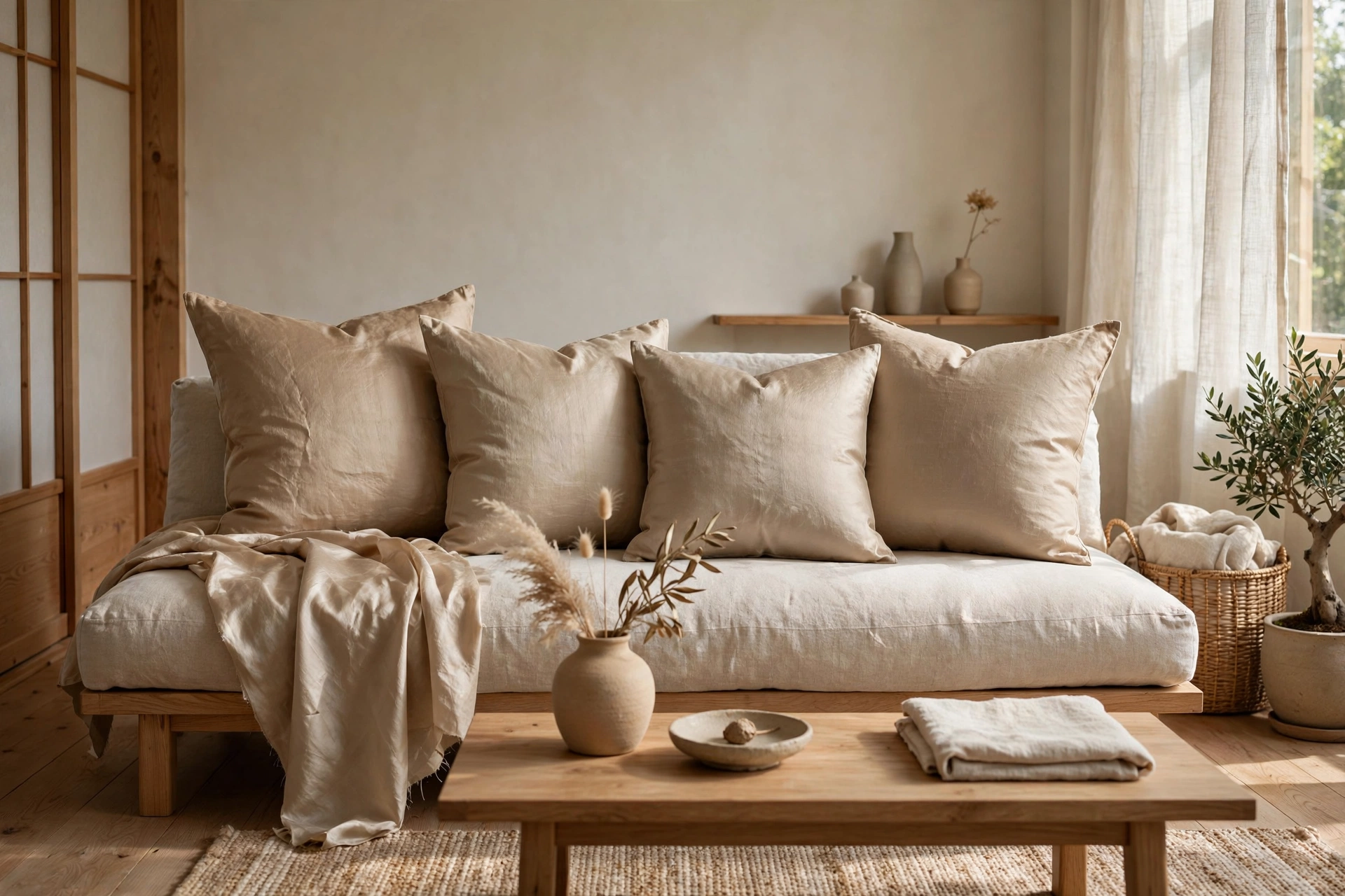 Small silk throw pillows in muted sage on a bed in a Japandi studio sleeping zone