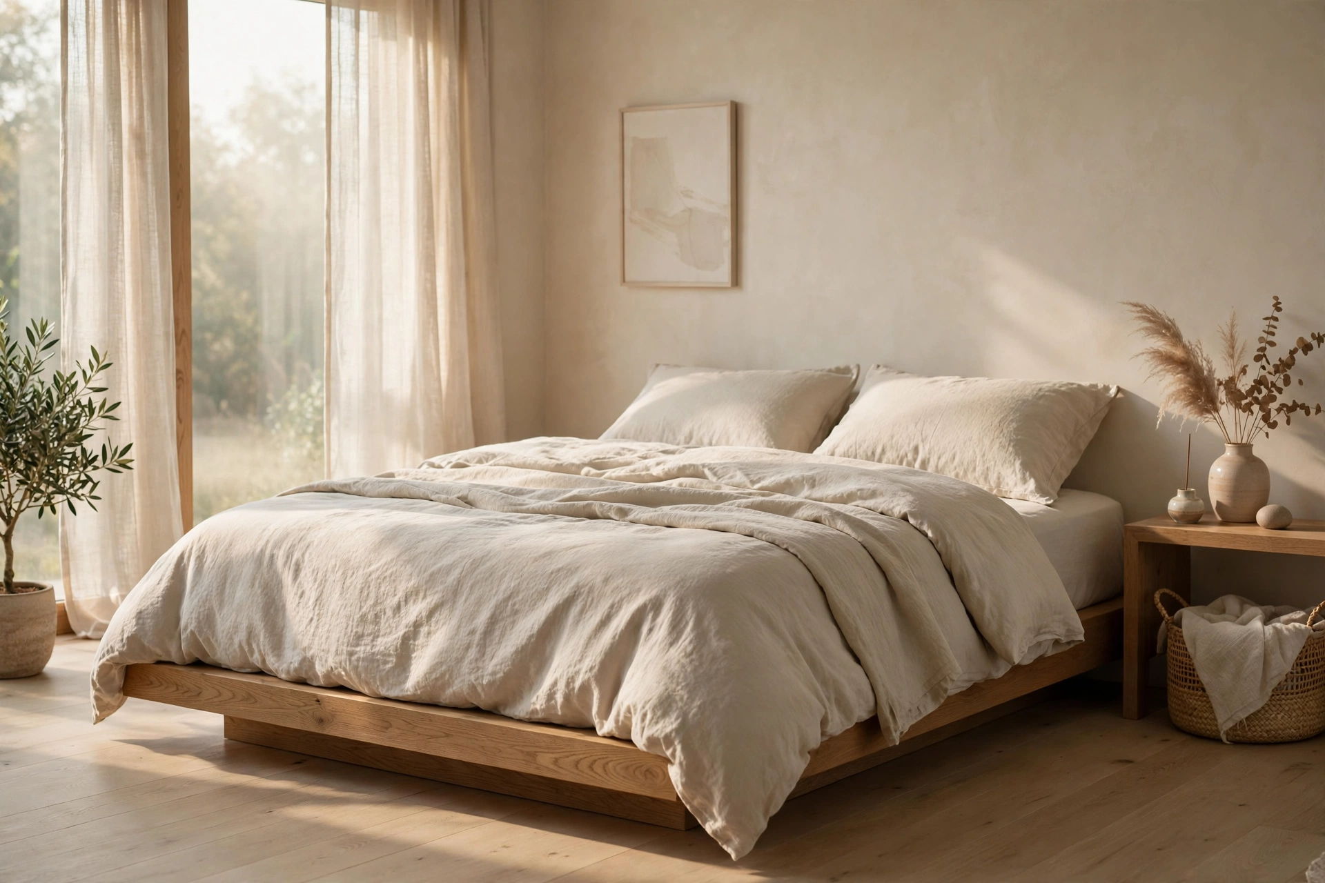 Organic wool duvet with beautiful drape inside flax linen cover on a Japandi platform bed