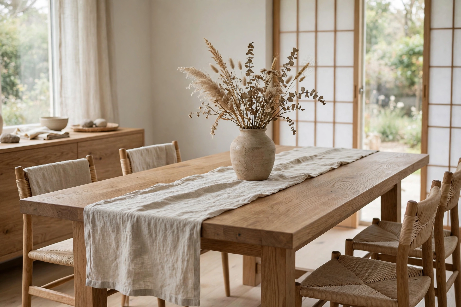 Natural linen table runner centered on a small oak dining table in a Japandi studio