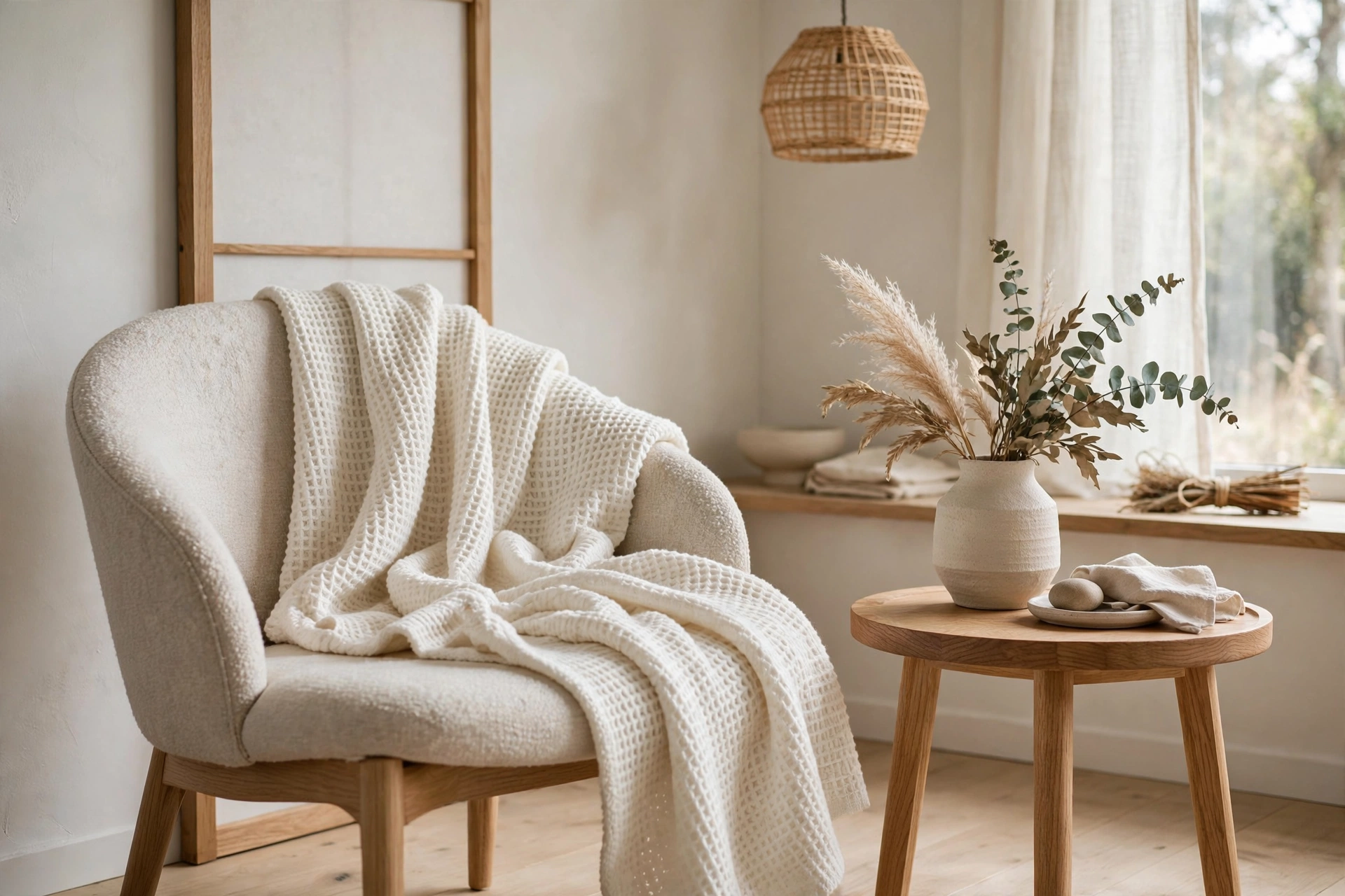 Oatmeal waffle knit throw folded on a reading chair in a Japandi studio corner