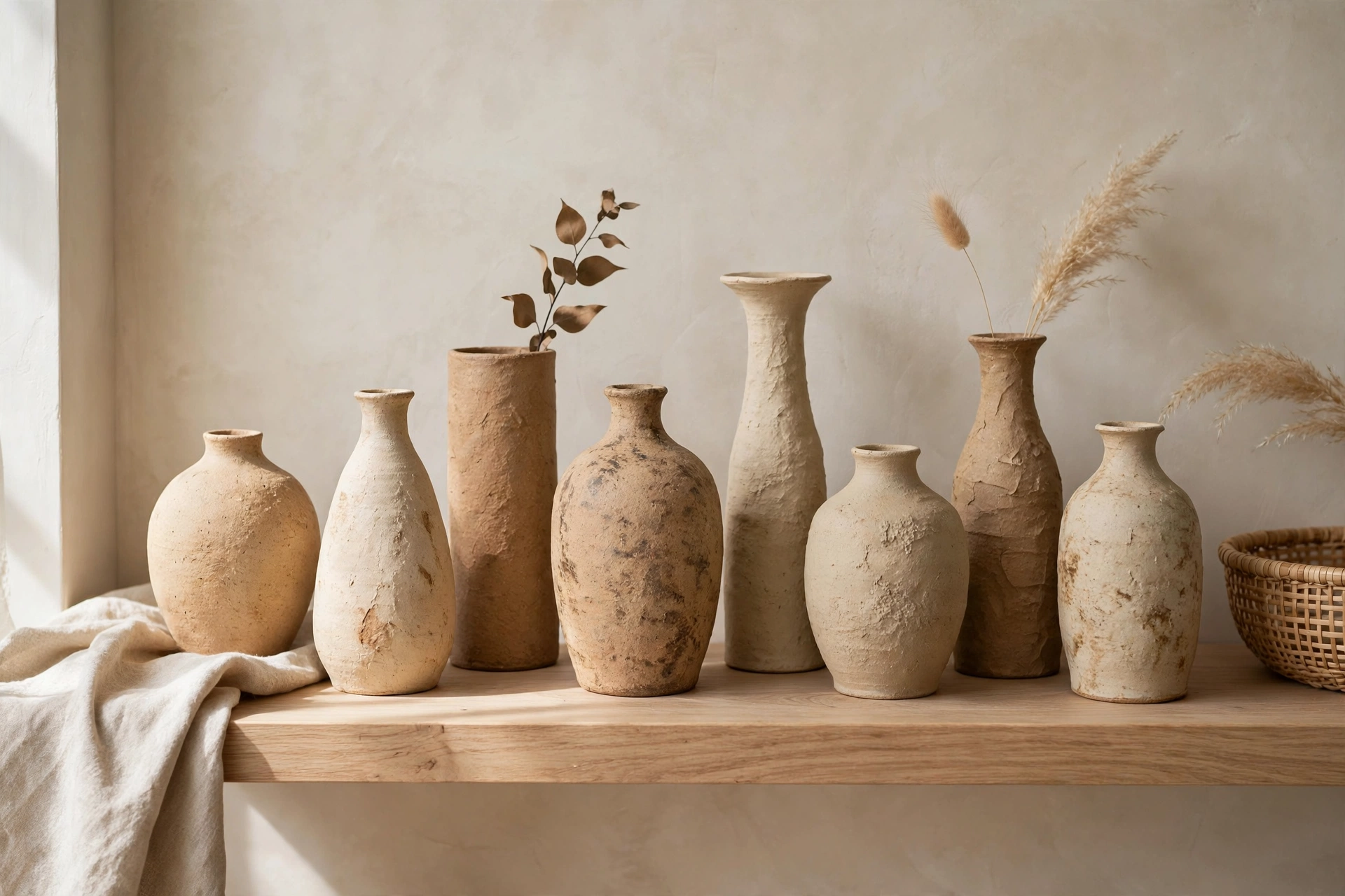 Handmade stoneware vases in matte neutrals grouped on an oak shelf in a Japandi studio
