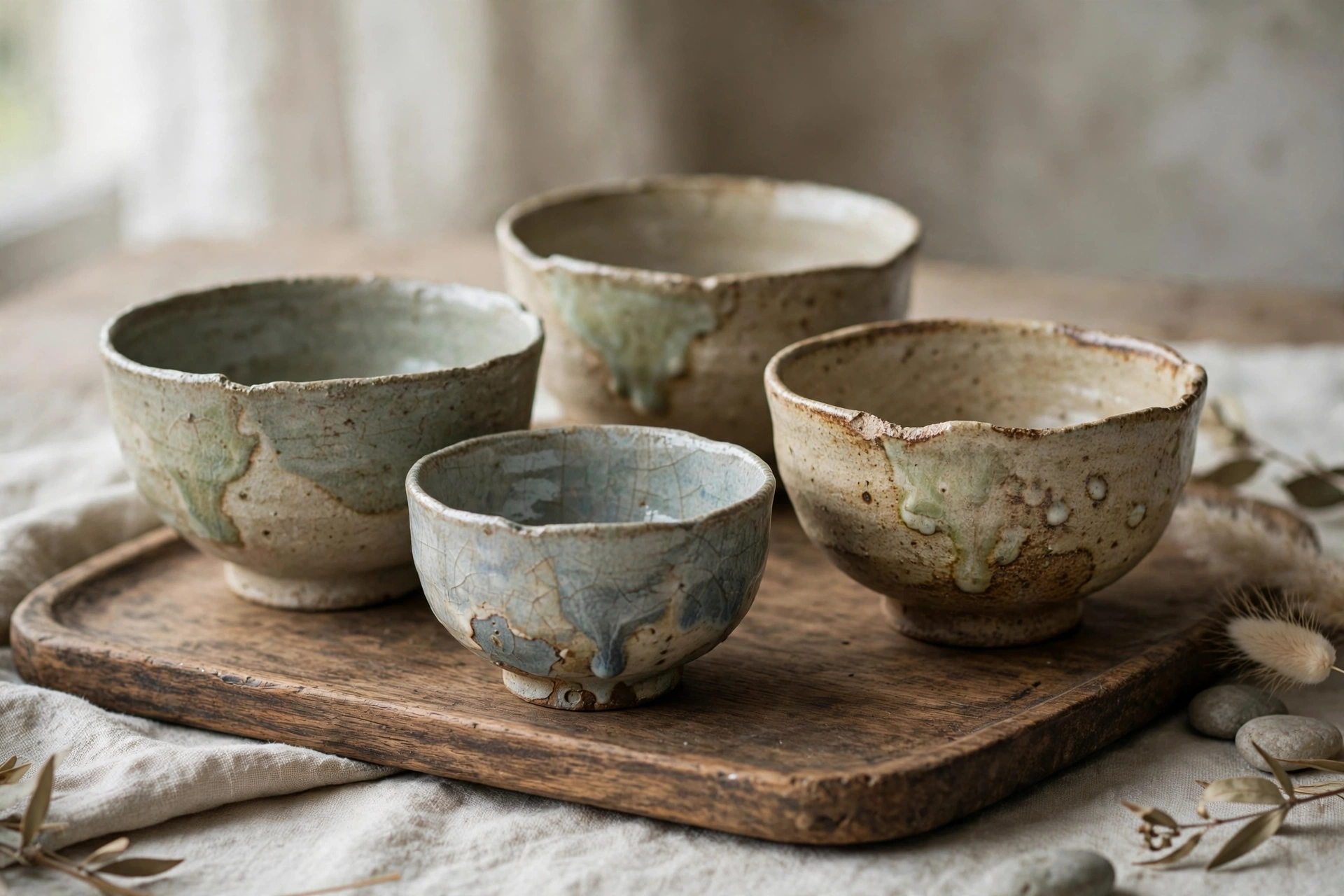 Wabi-sabi handmade pottery bowls and cups on open shelving in a Japandi studio kitchen