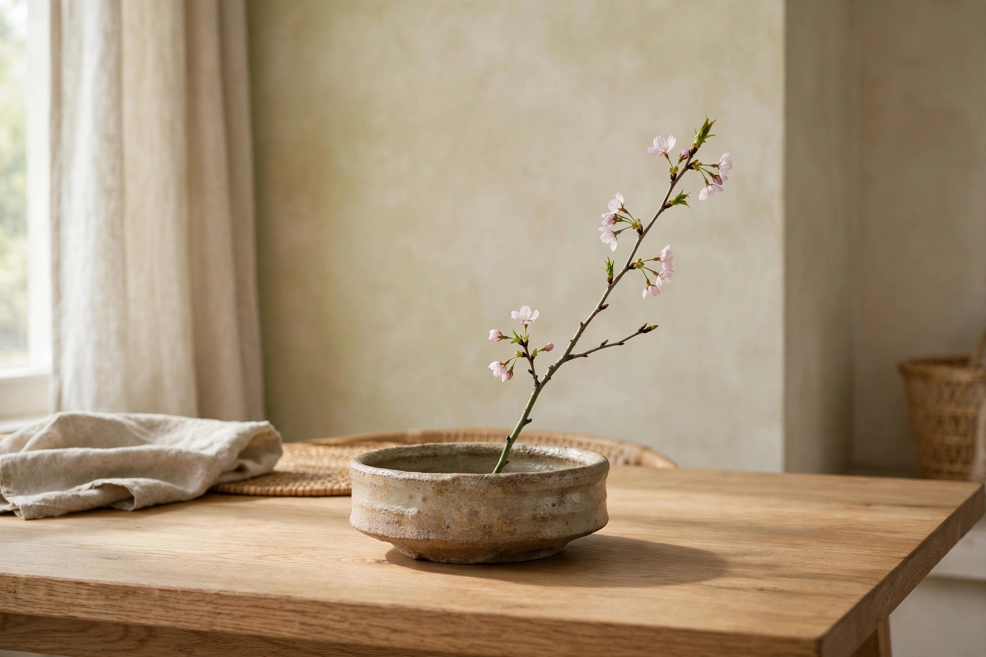 Single ikebana branch in a handmade ceramic vase on a wood table in a Japandi studio