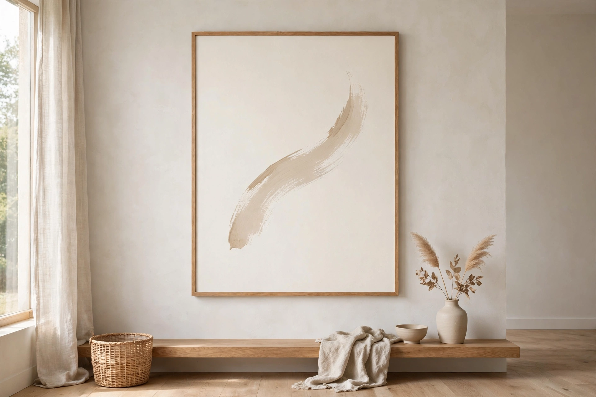 Large minimalist art print with generous white space in oak frame on a Japandi studio wall