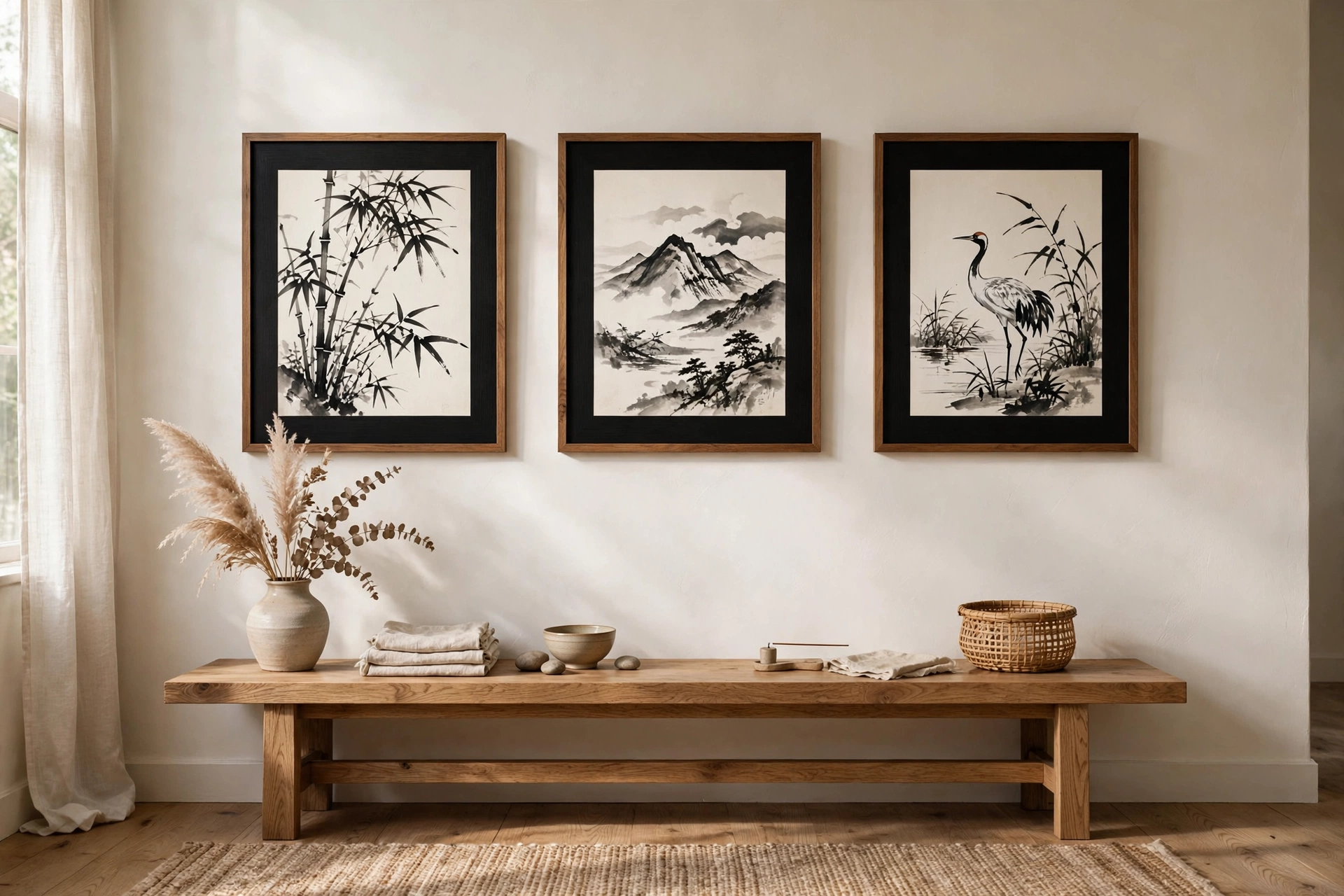 Pair of sumi-e ink brush prints in simple frames above a sideboard in a Japandi studio