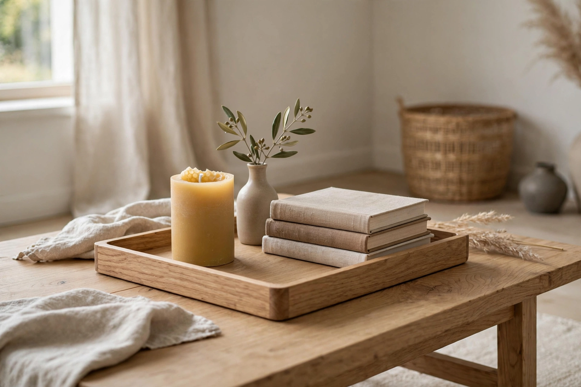 Shallow oak tray with candle and ceramics styled on a coffee table in a Japandi studio