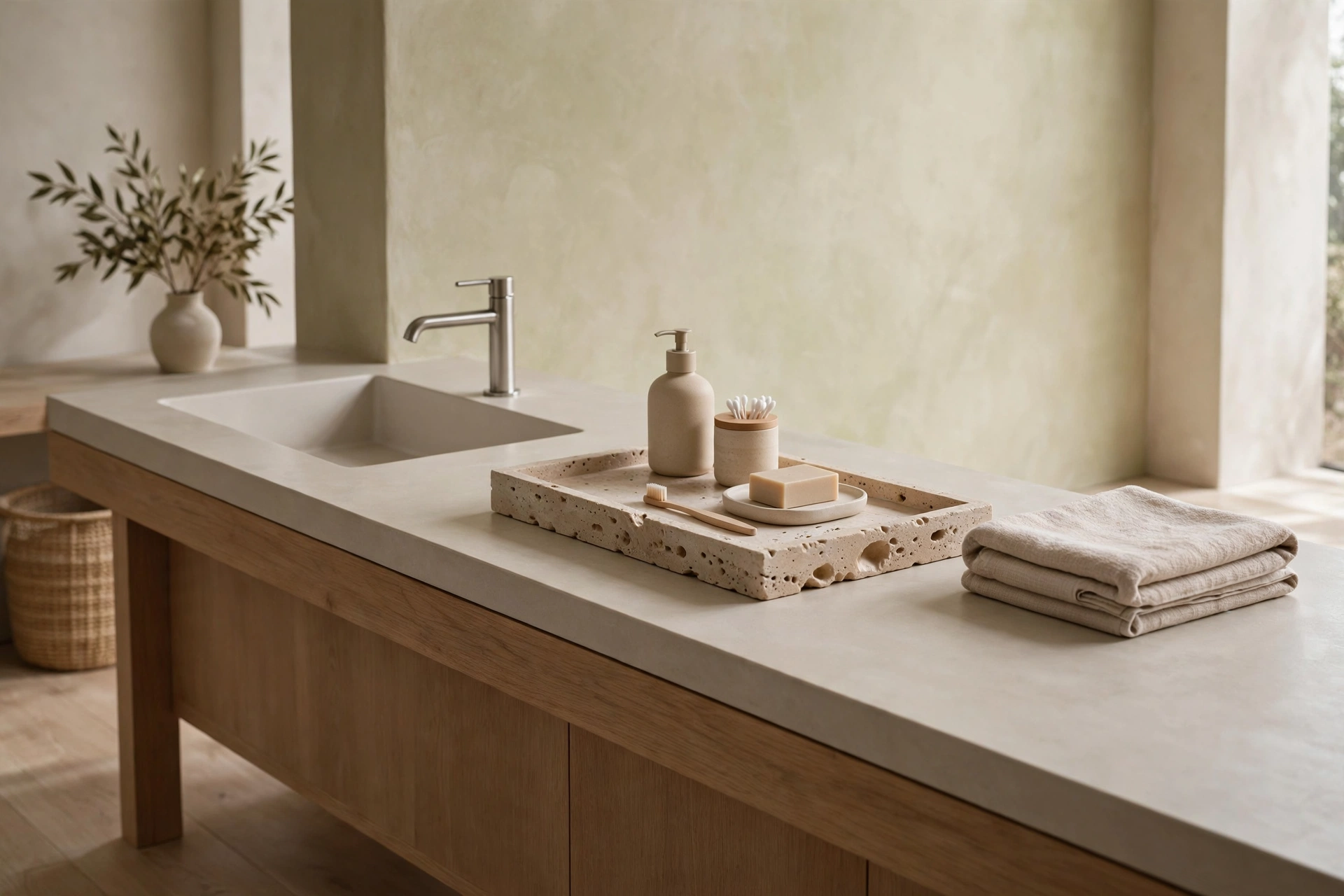 Travertine and stone bath accessories arranged on a sink in a Japandi studio bathroom