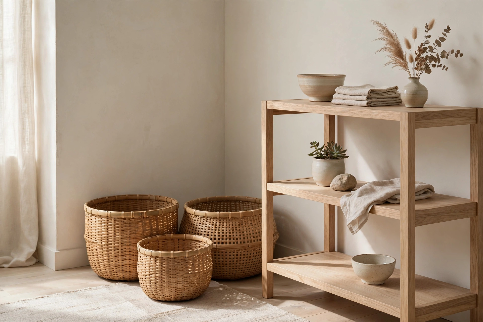 Handwoven bamboo baskets in graduated sizes storing throws beside a sofa in a Japandi studio