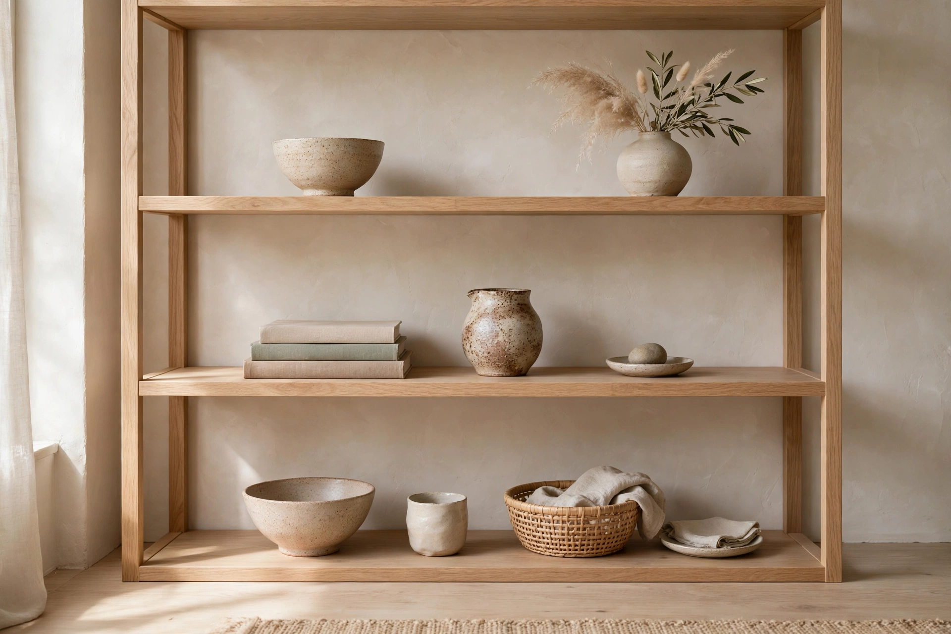 Curated open kitchen shelving with handmade bowls and glass jars in a Japandi studio