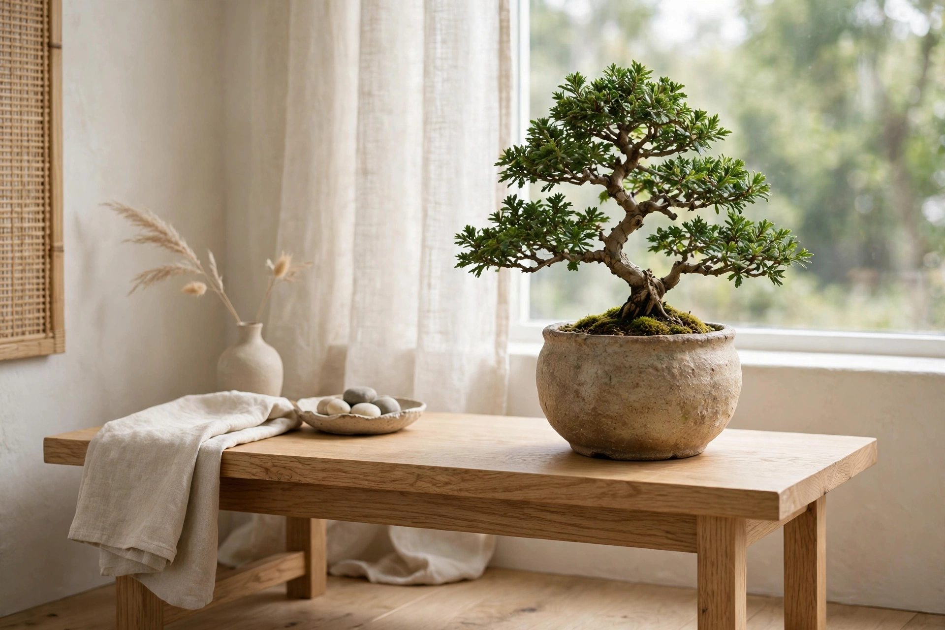 Juniper bonsai tree as a living focal point on a wooden desk in a Japandi studio