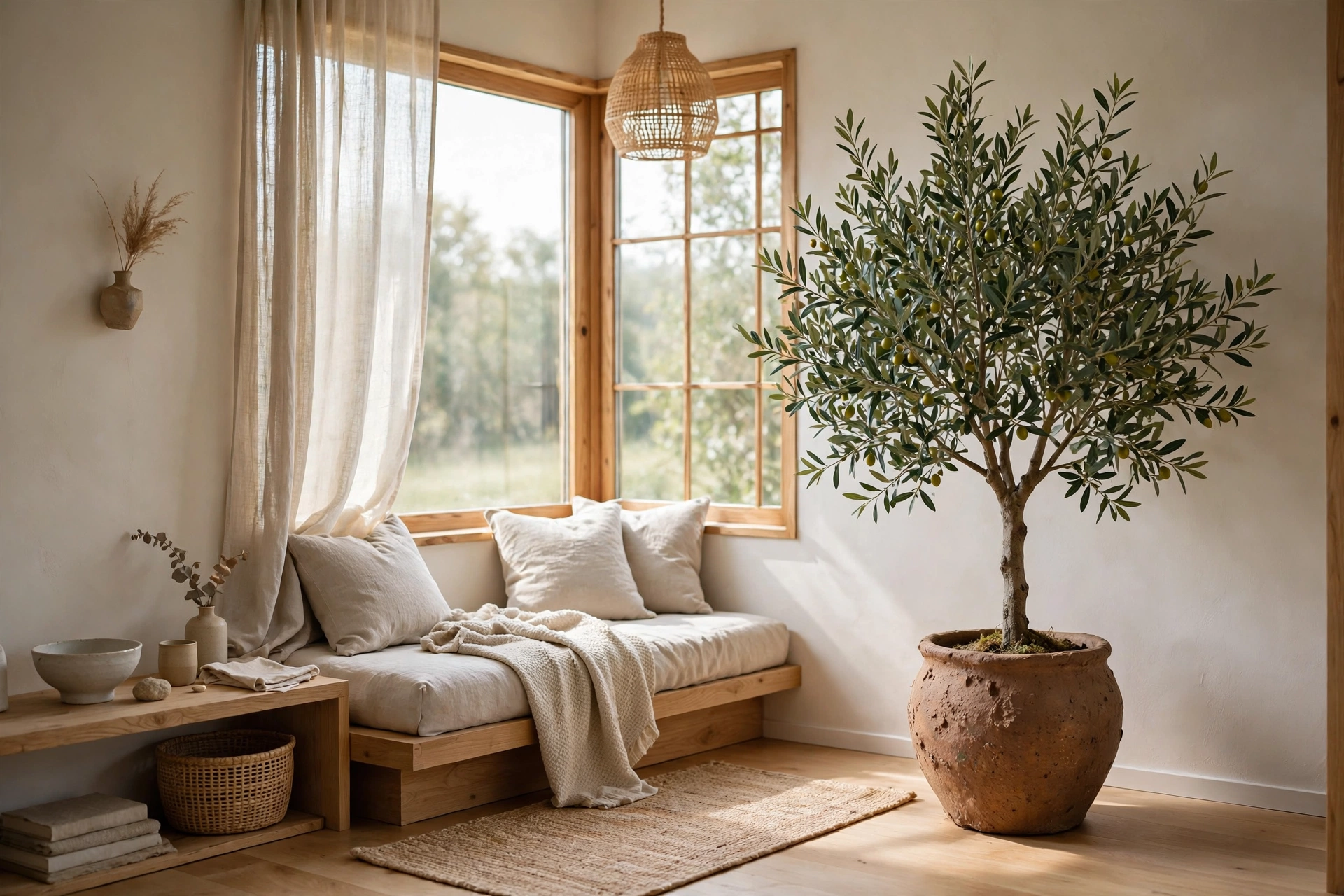 Olive tree in a handmade ceramic pot on a wooden stand in a bright Japandi studio corner