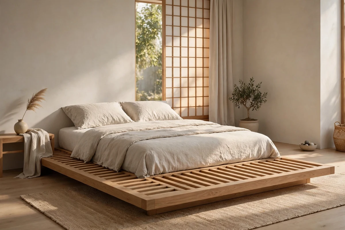 Low wooden platform bed in a calm Japandi bedroom with neutral linen bedding