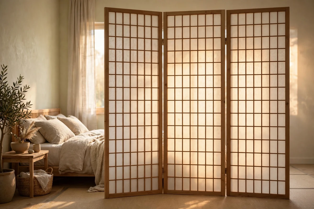 Shoji screen room divider with rice paper panels in a Japandi bedroom