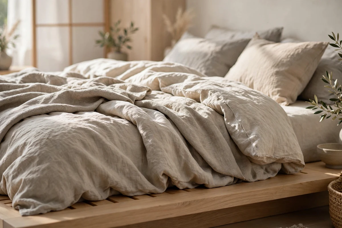 Rumpled linen bedding in warm neutral tones on a low platform bed