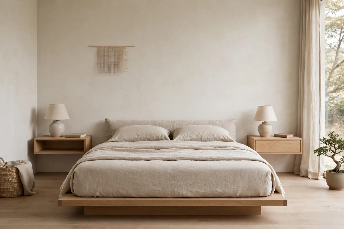 Floating light oak nightstands mounted beside a low Japandi bed