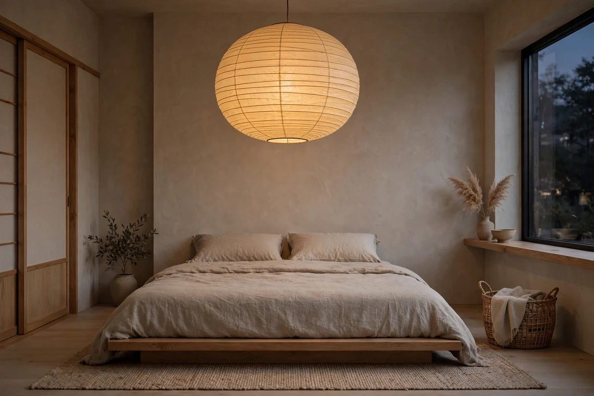 Glowing paper lantern pendant light hanging over a Japandi bedroom