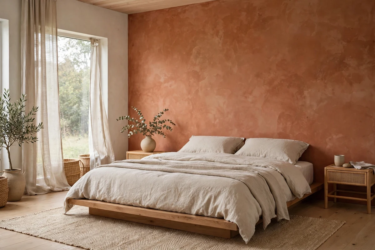 Warm clay toned accent wall with limewash texture in a Japandi bedroom