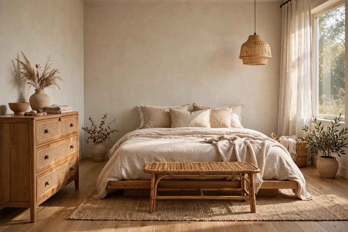 Rattan bench and cane front dresser adding texture to a Japandi bedroom