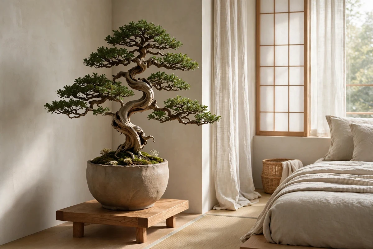 Bonsai tree in a ceramic pot bringing sculptural greenery to a Japandi bedroom