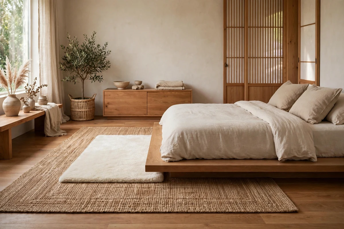 Layered wool and jute rugs under a low platform bed in a Japandi bedroom