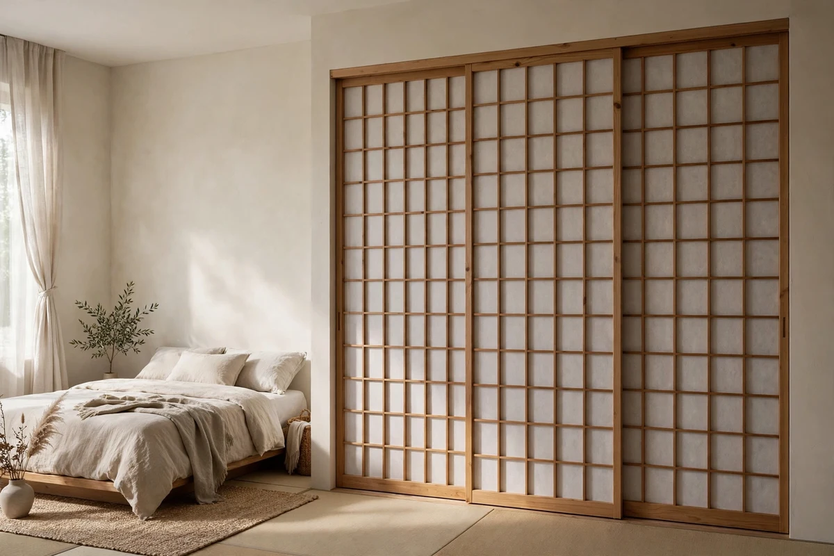 Built in wardrobe with shoji style sliding doors in a Japandi bedroom