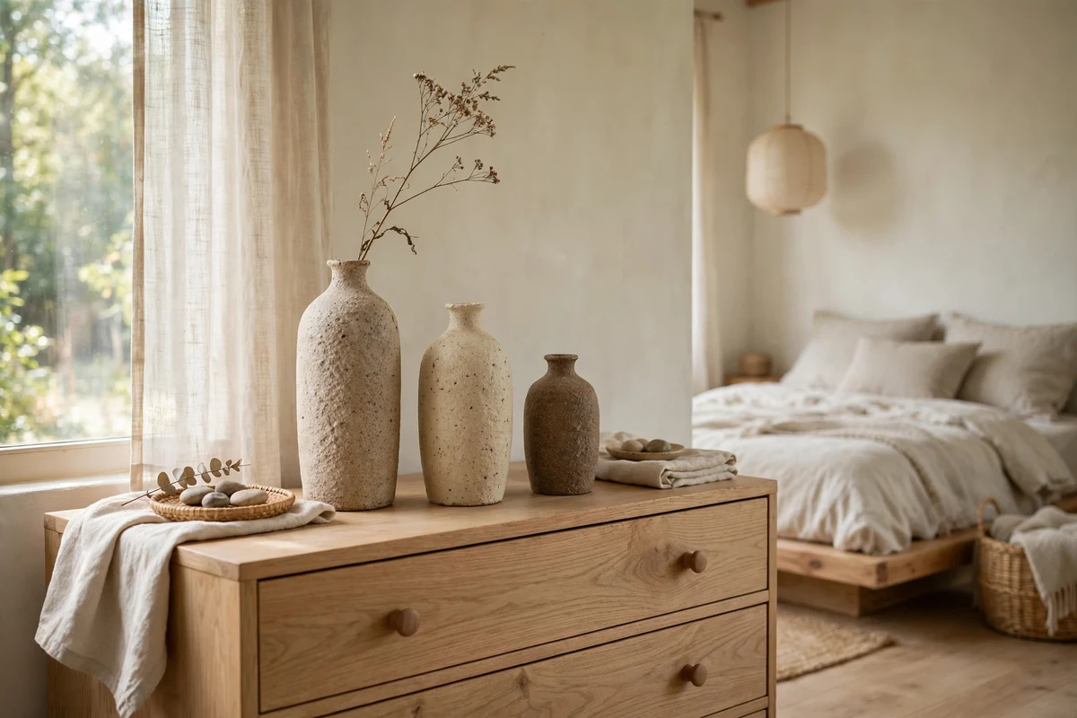 Handmade ceramic vases displayed on a wooden dresser in a Japandi bedroom