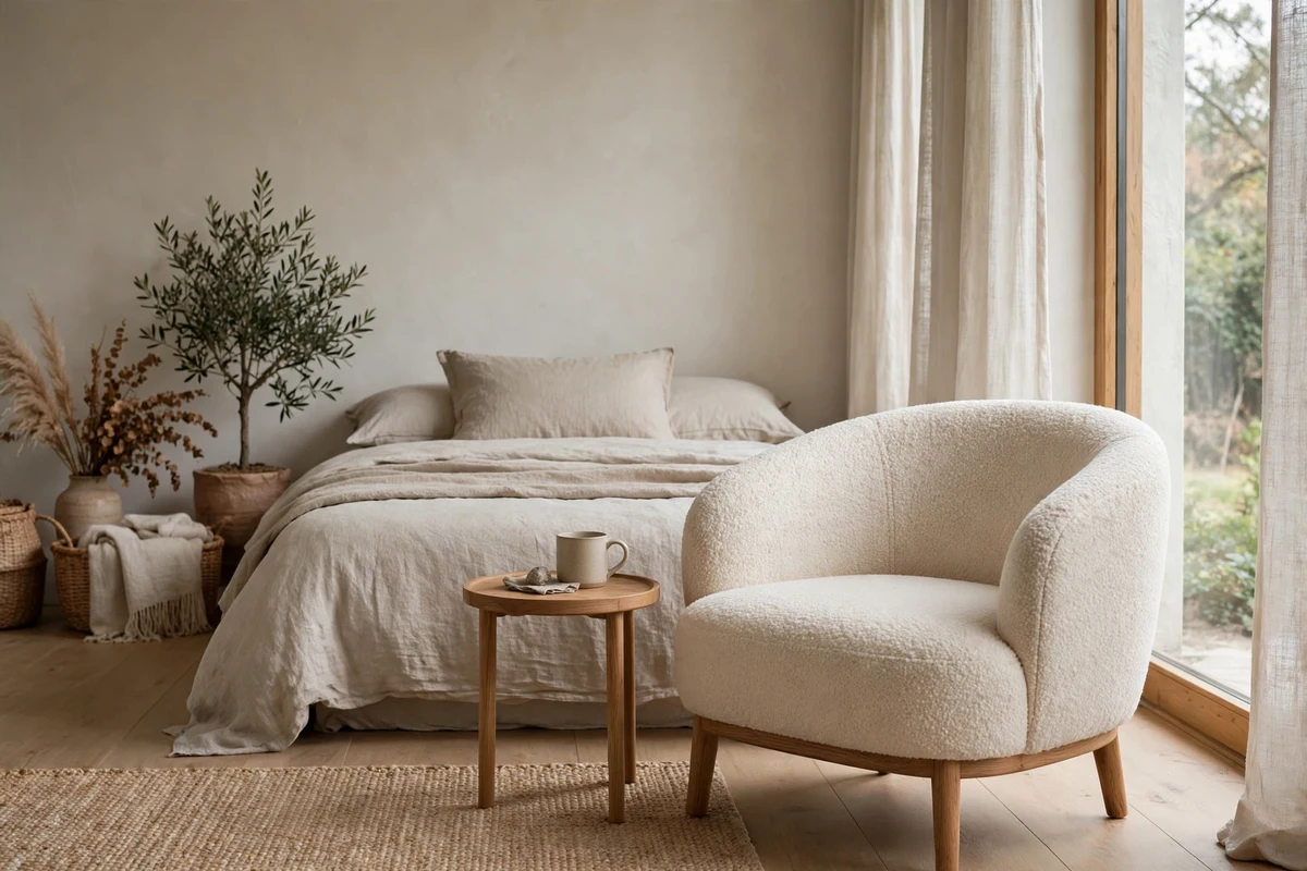 Low boucle accent chair with wooden legs in a calm Japandi bedroom corner