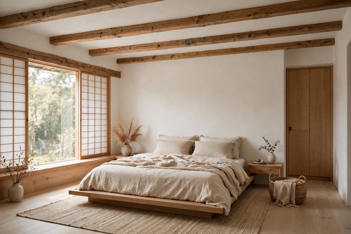Natural wood beams on the ceiling of a serene Japandi bedroom