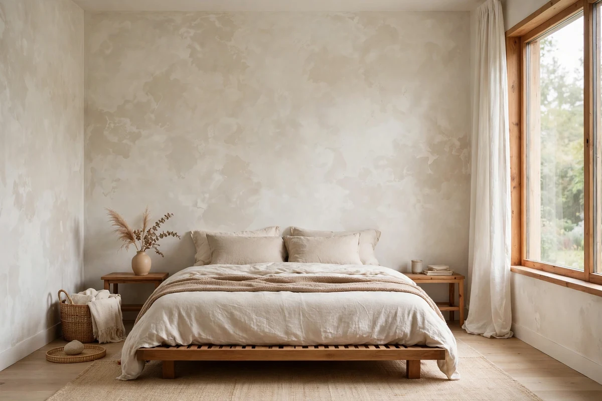 Textured limewash walls in warm white in a Japandi bedroom