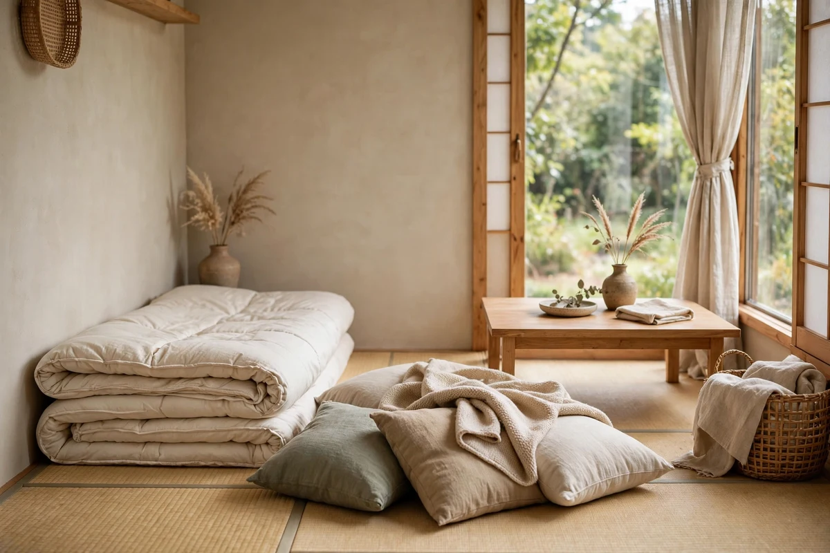 Futon style floor seating nook with cushions in a Japandi bedroom
