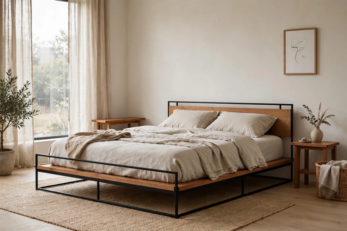 Bed frame combining black metal and warm wood in a Japandi bedroom