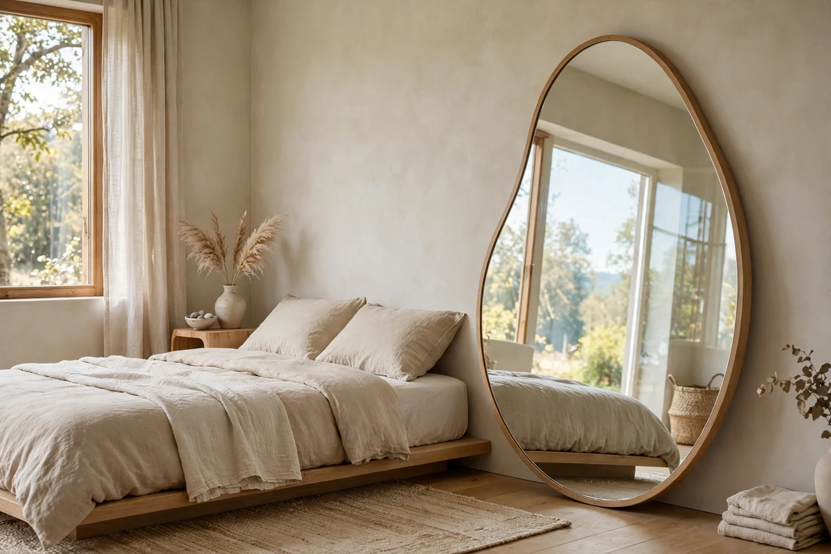 Curved organic shaped mirror leaning against a wall in a Japandi bedroom