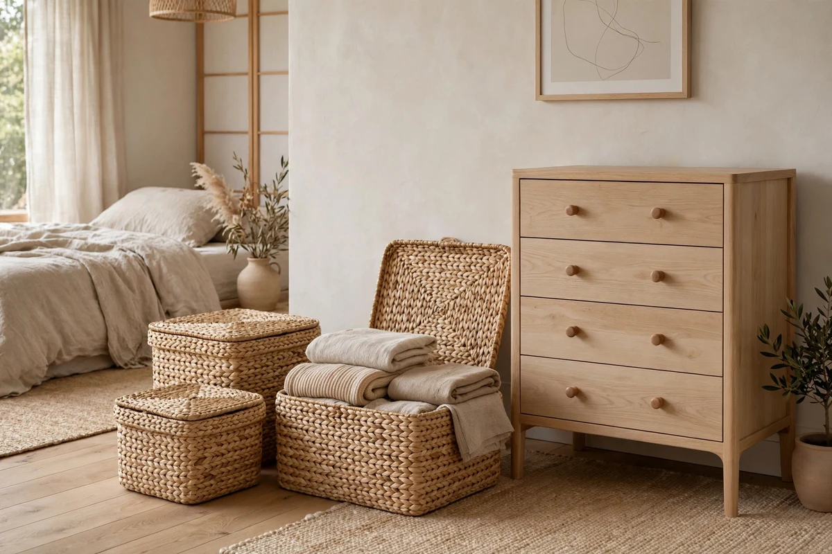 Woven seagrass storage baskets beside a dresser in a Japandi bedroom