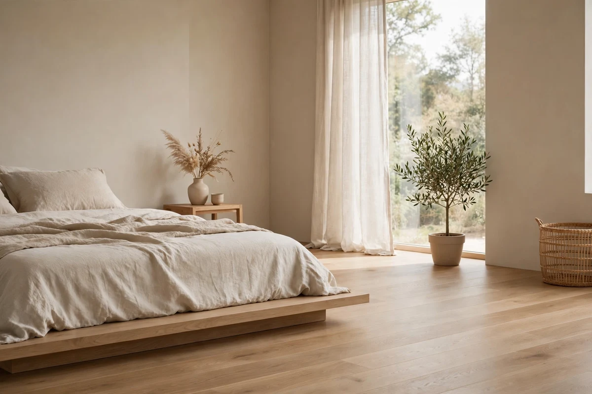 Warm light oak wood flooring in a minimal Japandi bedroom