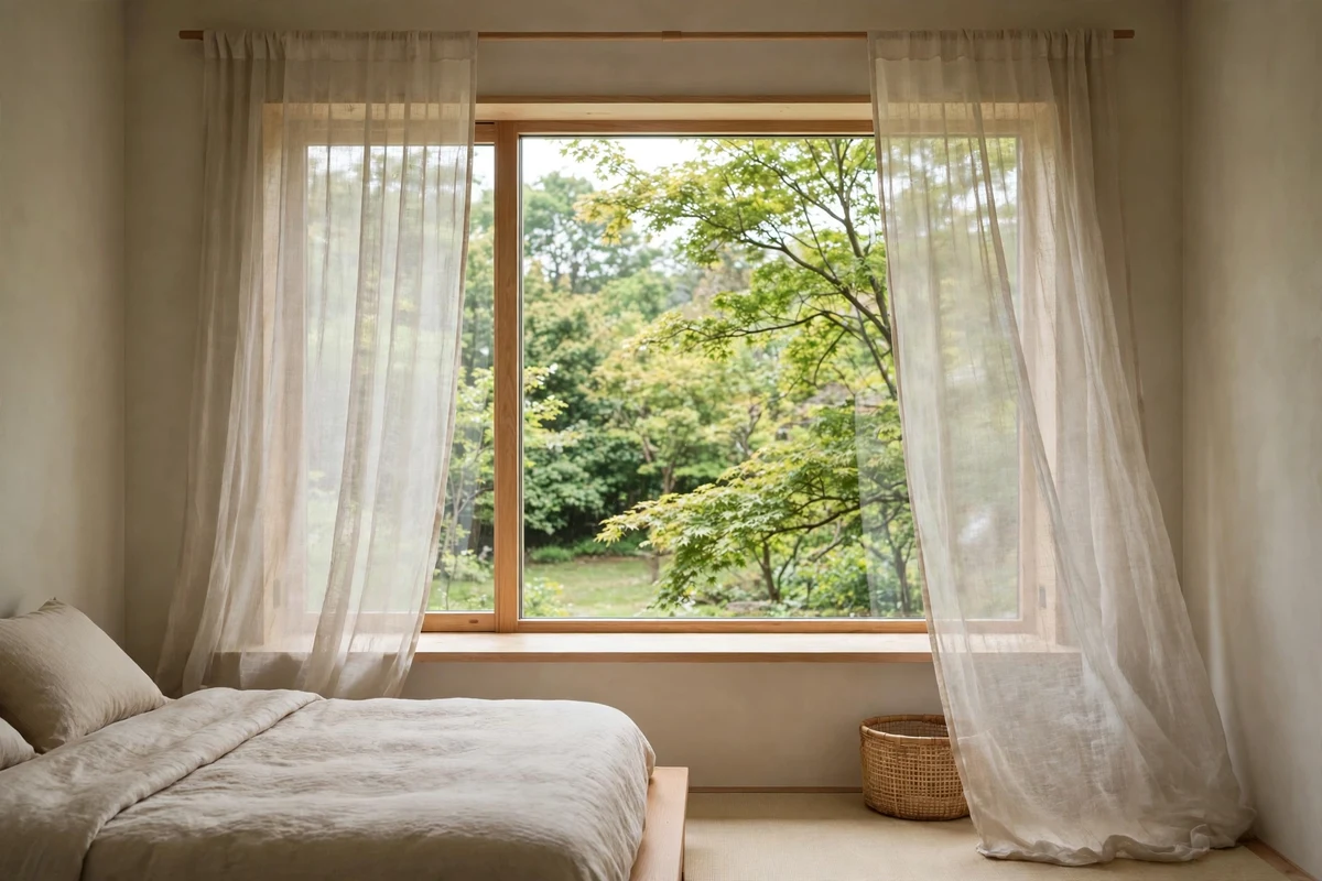 Bedroom window with sheer linen curtains framing a garden view in Japandi style