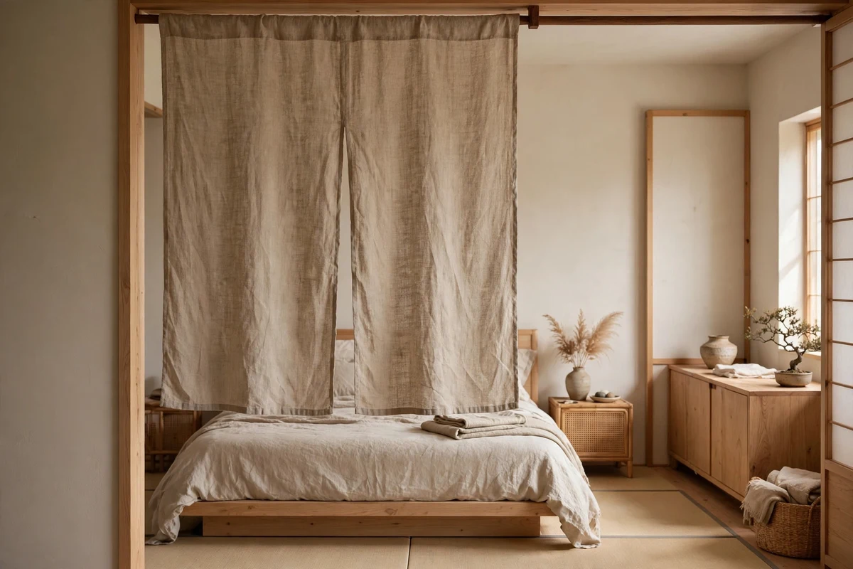Noren fabric curtain hanging in a bedroom doorway in Japandi style