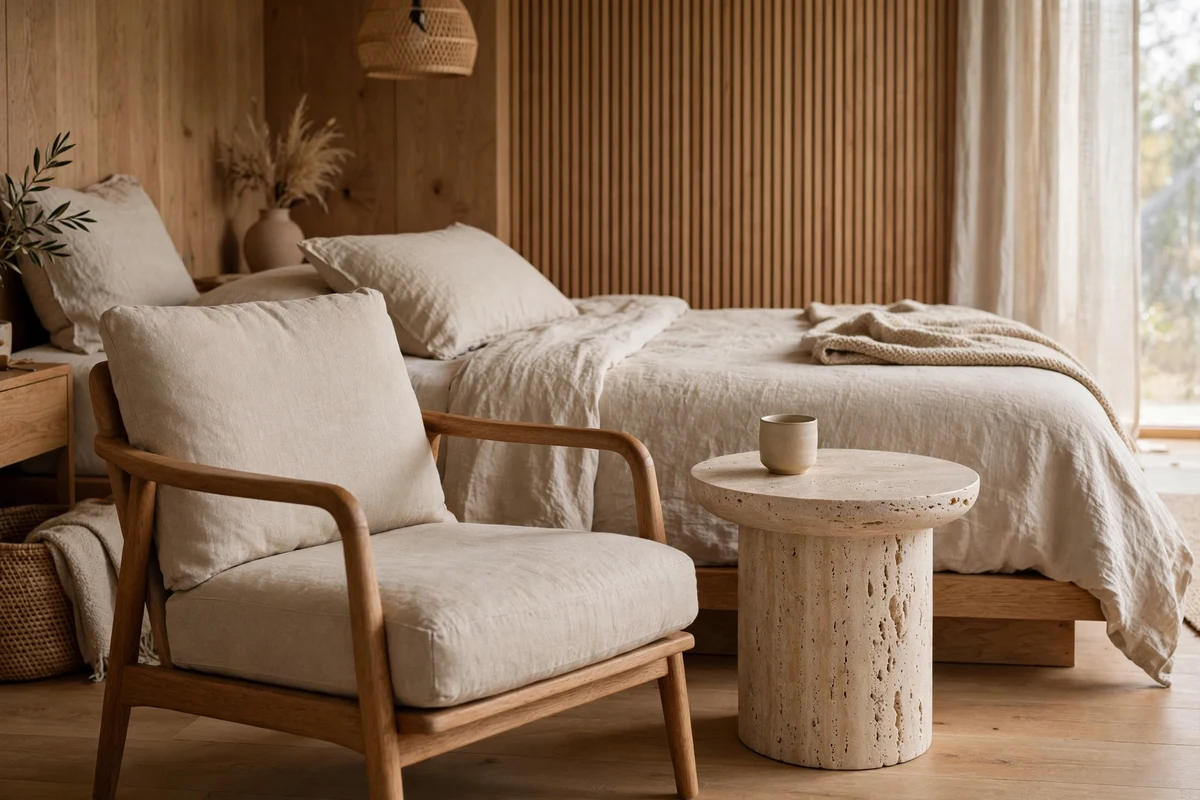 Travertine stone side table next to a chair in a Japandi bedroom