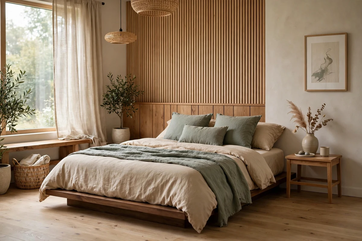 Muted sage green throw and cushions on a bed in a Japandi bedroom