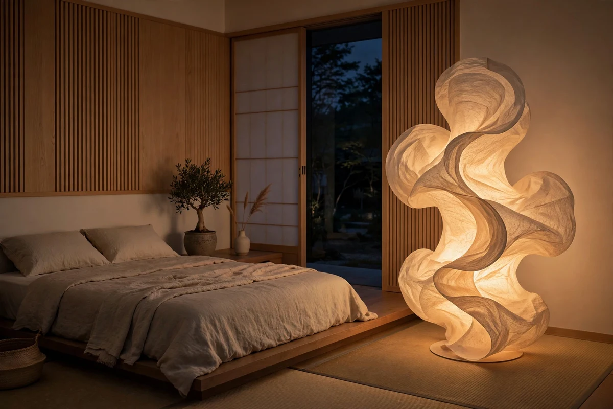 Sculptural paper floor lamp glowing in the corner of a Japandi bedroom
