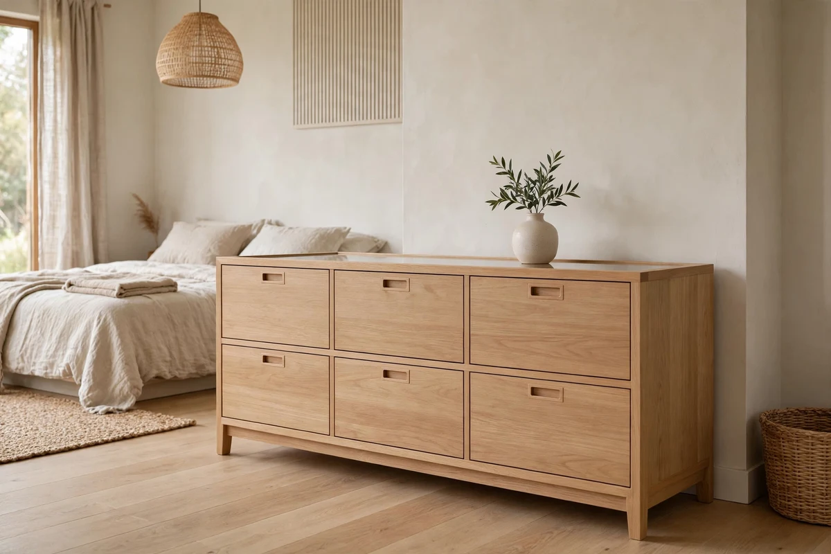 Low wide dresser with clean lines in light wood in a Japandi bedroom
