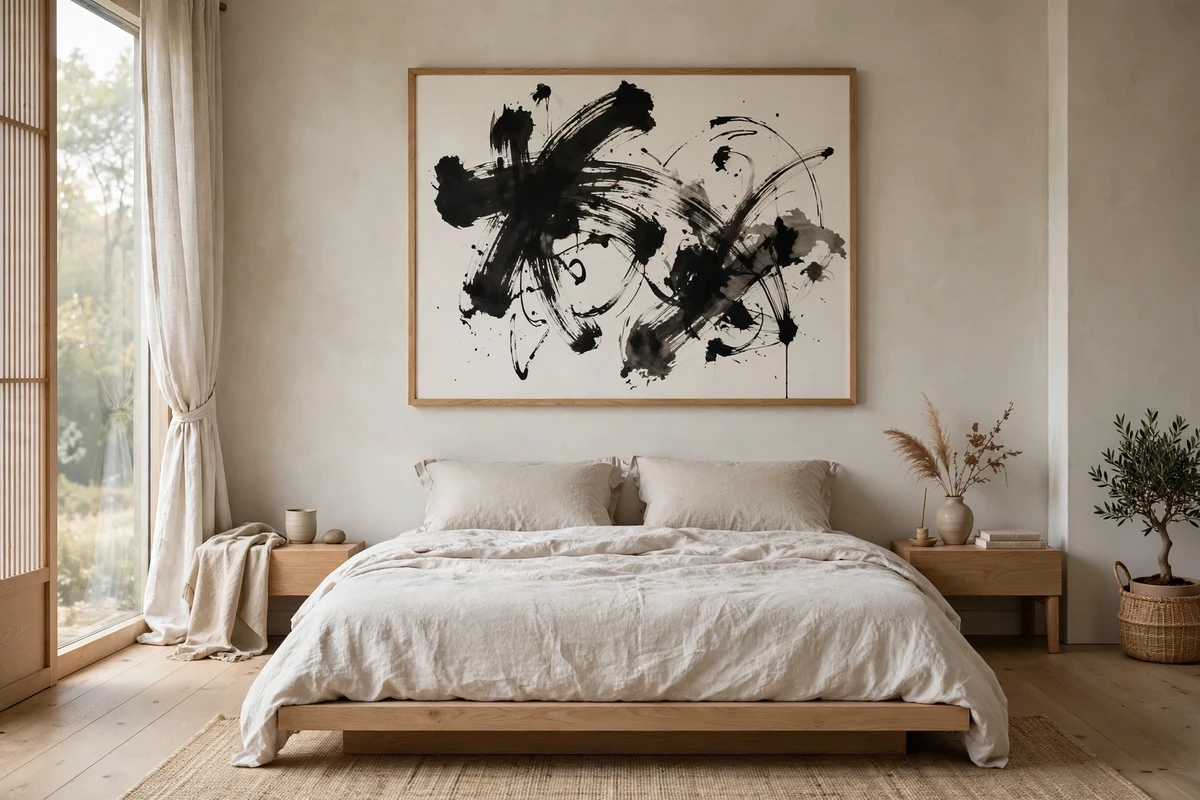 Abstract black ink brush painting hanging above a bed in a Japandi bedroom