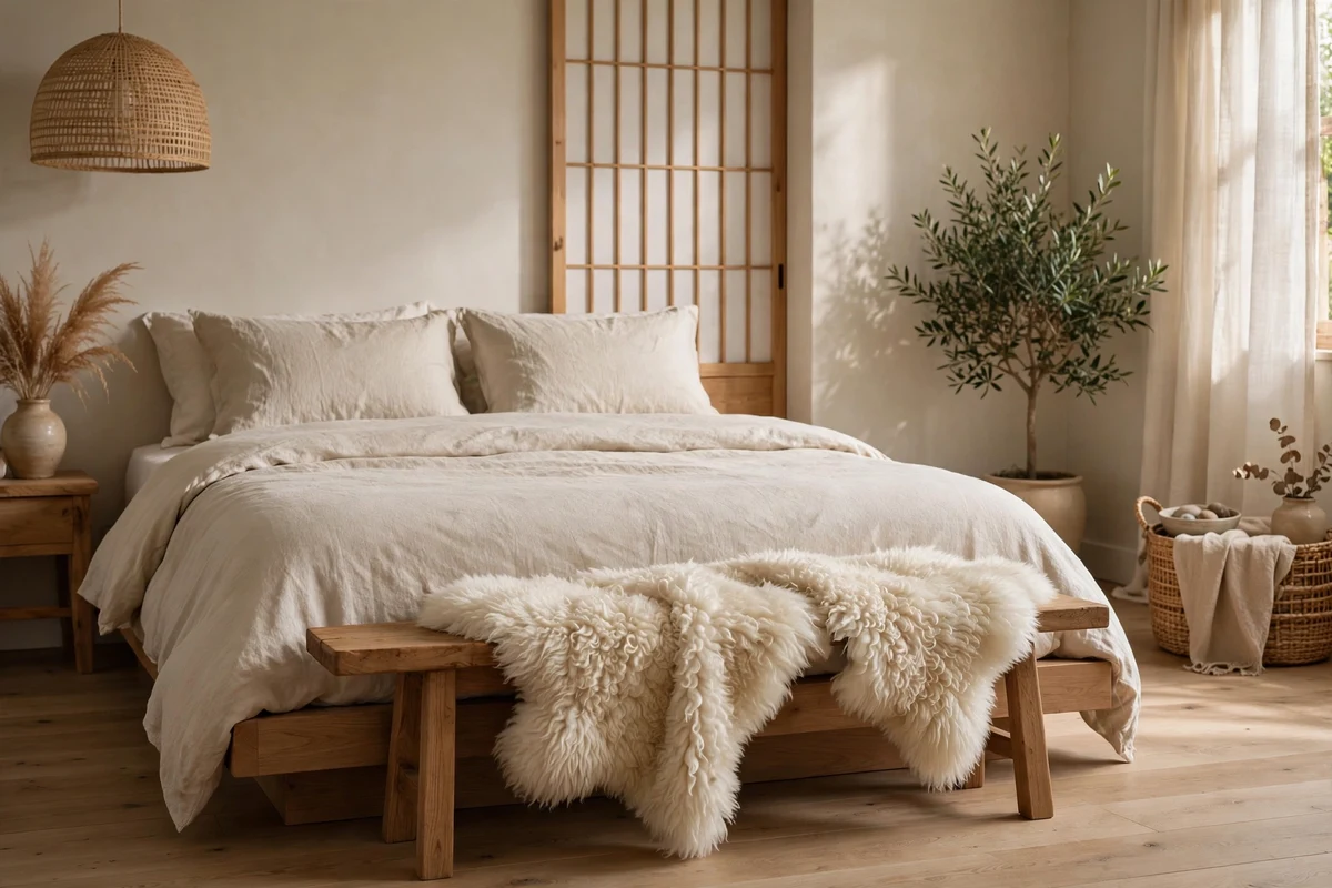 Sheepskin throw draped over a bench at the foot of a bed in a Japandi bedroom