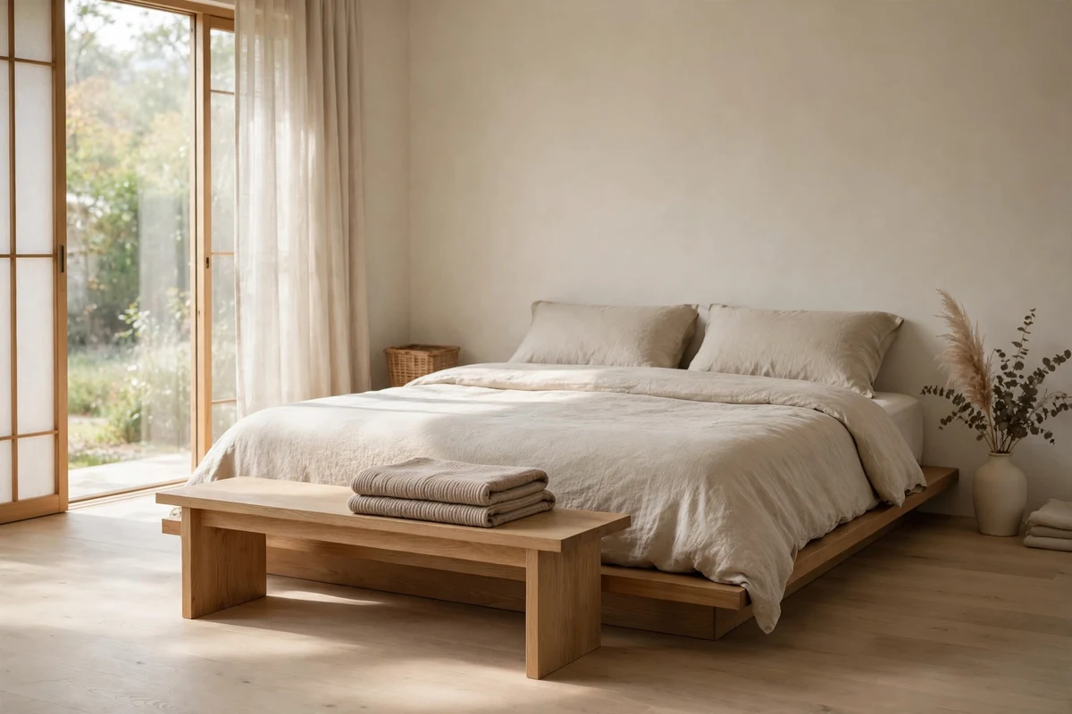 Light oak bench at the foot of a low platform bed in a Japandi bedroom