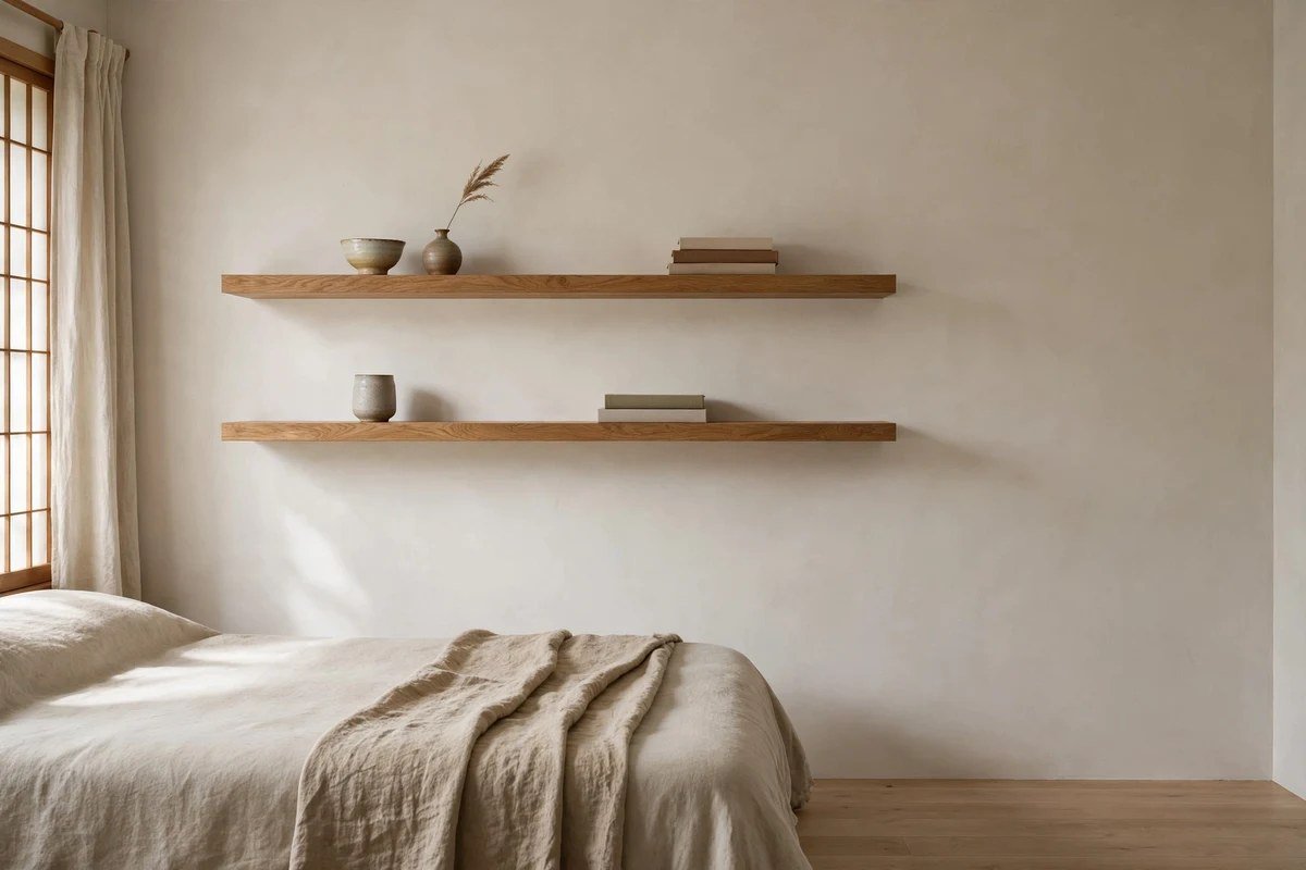 Minimal floating wood shelves with ceramics in a Japandi bedroom