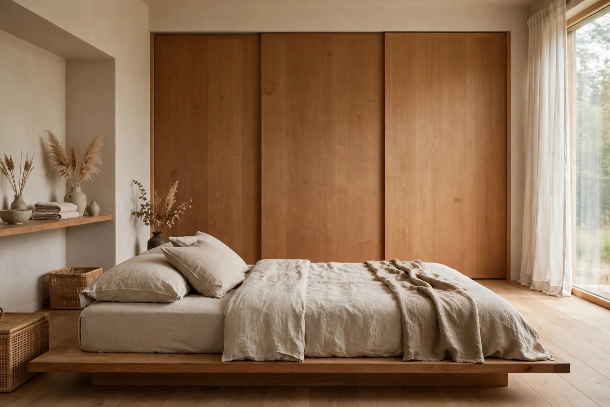Sliding closet doors in warm wood in a minimal Japandi bedroom