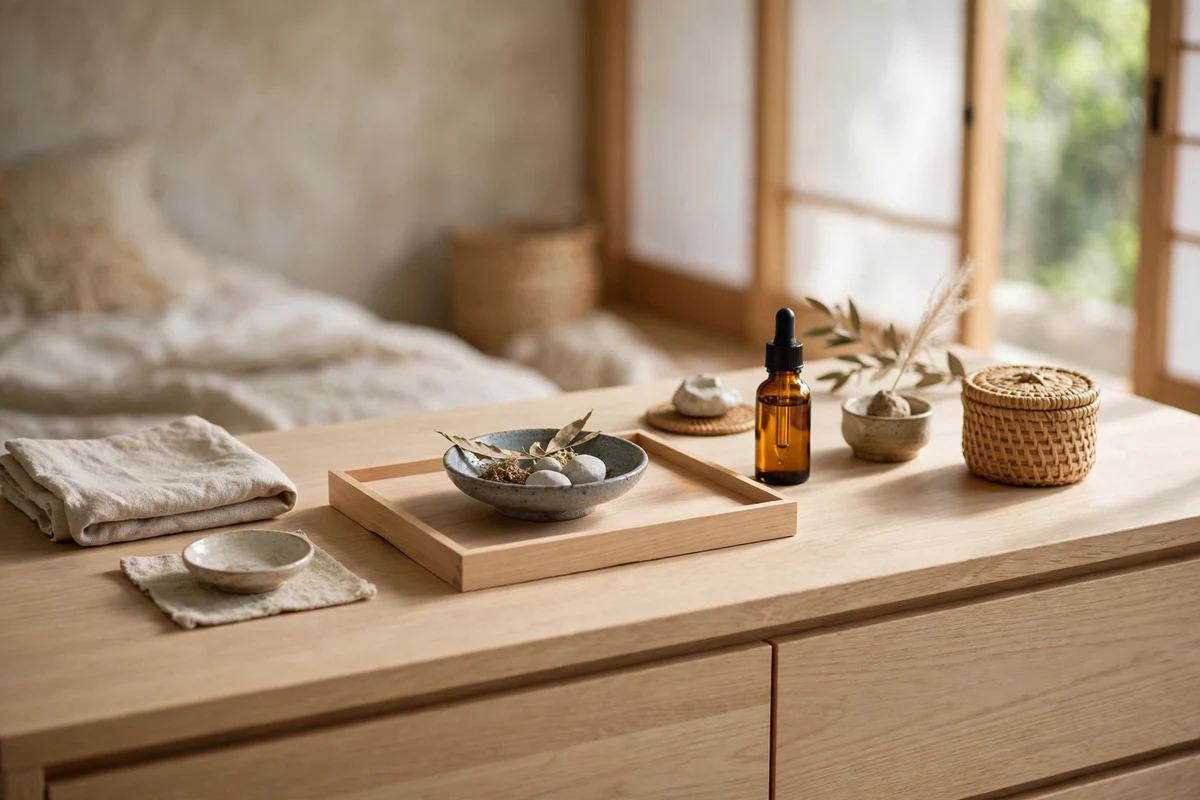 Hinoki wood tray and accents on a dresser in a Japandi bedroom